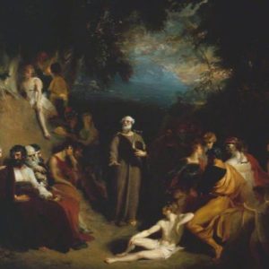 Historical scene of philosophers and students in a classical setting.
