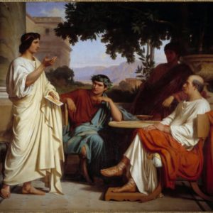 Classical Roman philosophers engaged in discussion in a historical setting.