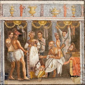 Roman banquet scene with people in traditional attire and decorative background.