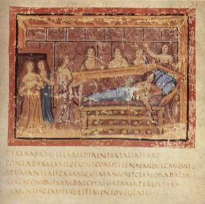 Roman medical scene with a patient and doctors in an ancient setting.