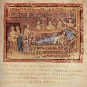 Roman medical scene with a patient and doctors in an ancient setting.