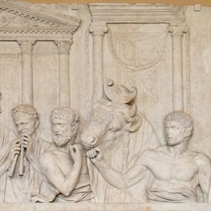Relief sculpture of mythological figures from ancient Rome, including a horse and human characters.
