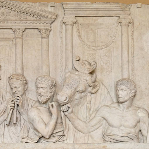 Relief sculpture of mythological figures from ancient Rome, including a horse and human characters.