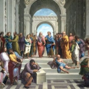 Famous Renaissance painting of philosophers in an ancient Greek setting.